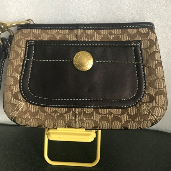 Coach Brown Canvas Leather Sig C Corner Zip Wristlet Mini Pouch - Picture 2 of 16